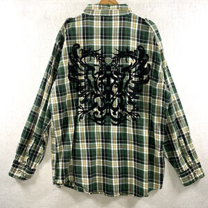 Ablanche Mens Plaid Graphic Button Shirt Sz 3XL Y2K Tattoo Biker Military Grunge